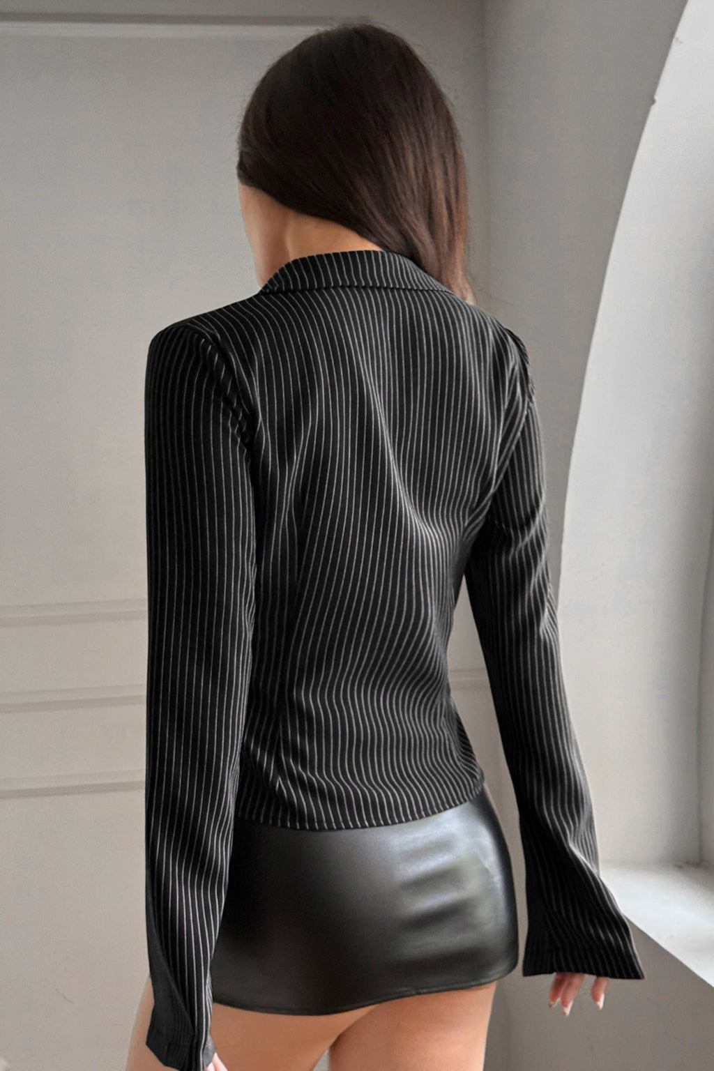 Liso A Rayas Manga Larga Blusa