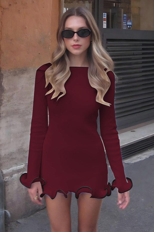 Elegante Cuello Redondo Volantes Vestido de Cóctel