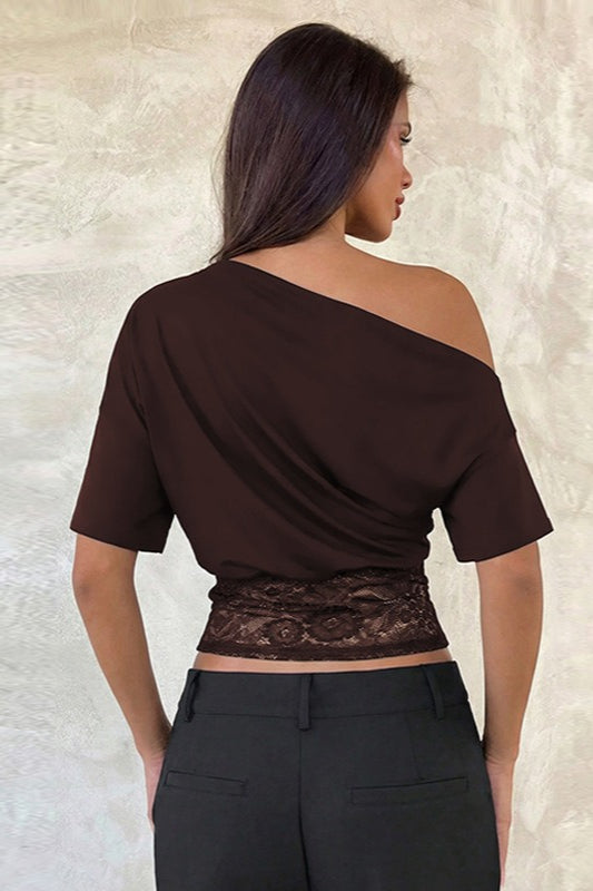 Asymmetrical Shoulder Lace Patchwork Cropped Tee