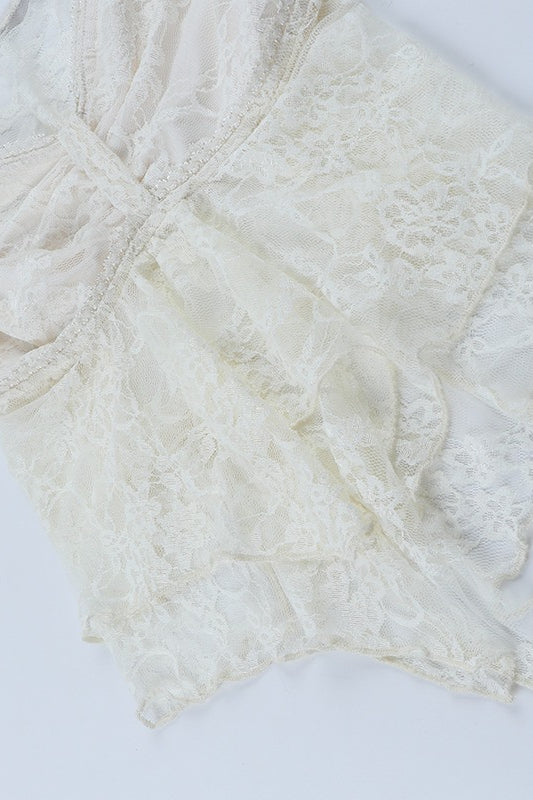 Sheer Lace Backless Flounce Hem Blouse