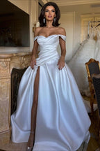 Off Shoulder Satin Ruched High Slit Wedding Dress