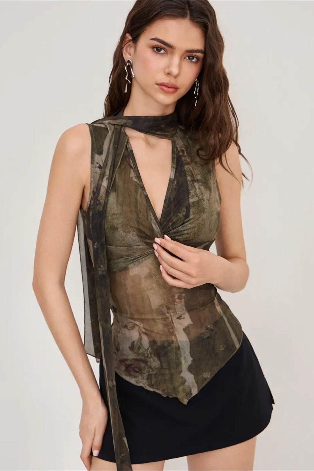 Sheer Mesh Print Ribbon Tie Halter Top