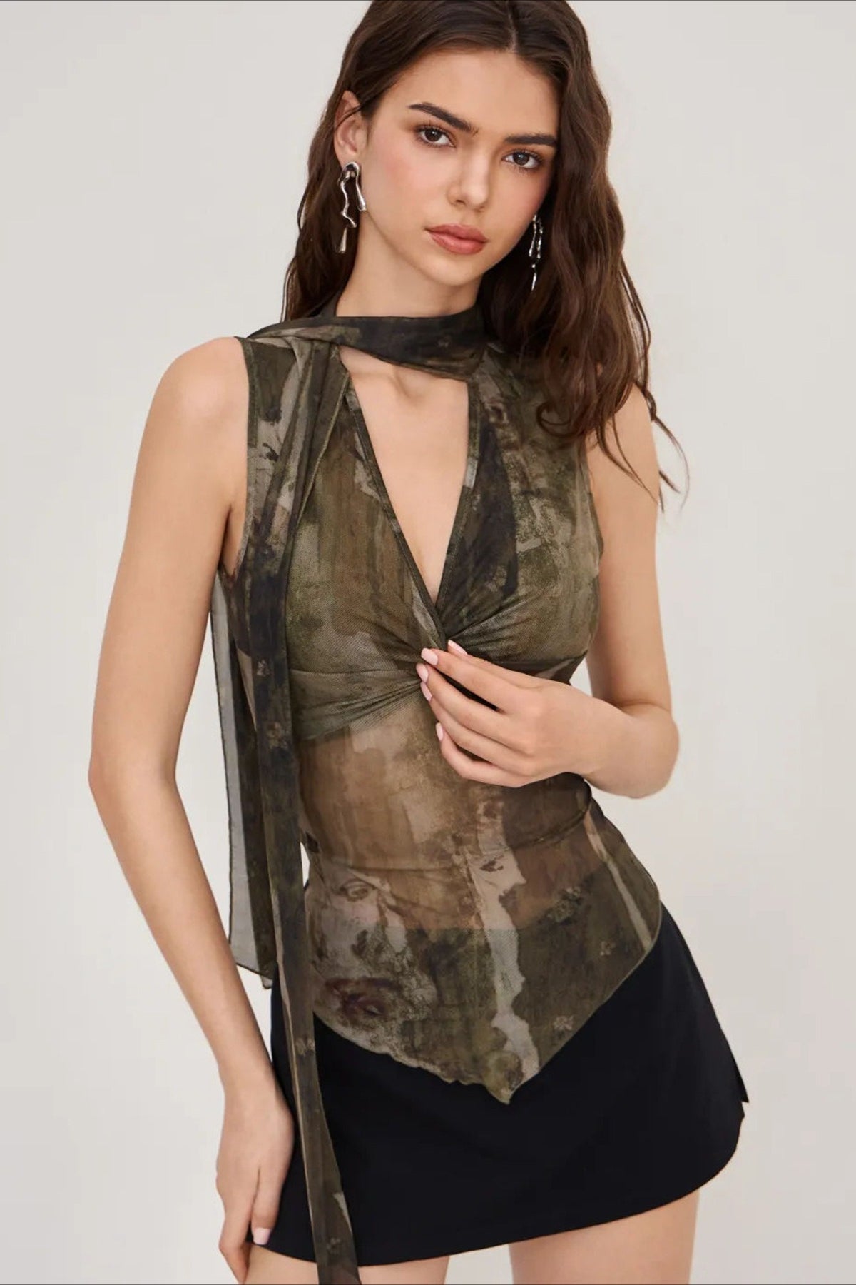 Sheer Mesh Print Ribbon Tie Halter Top
