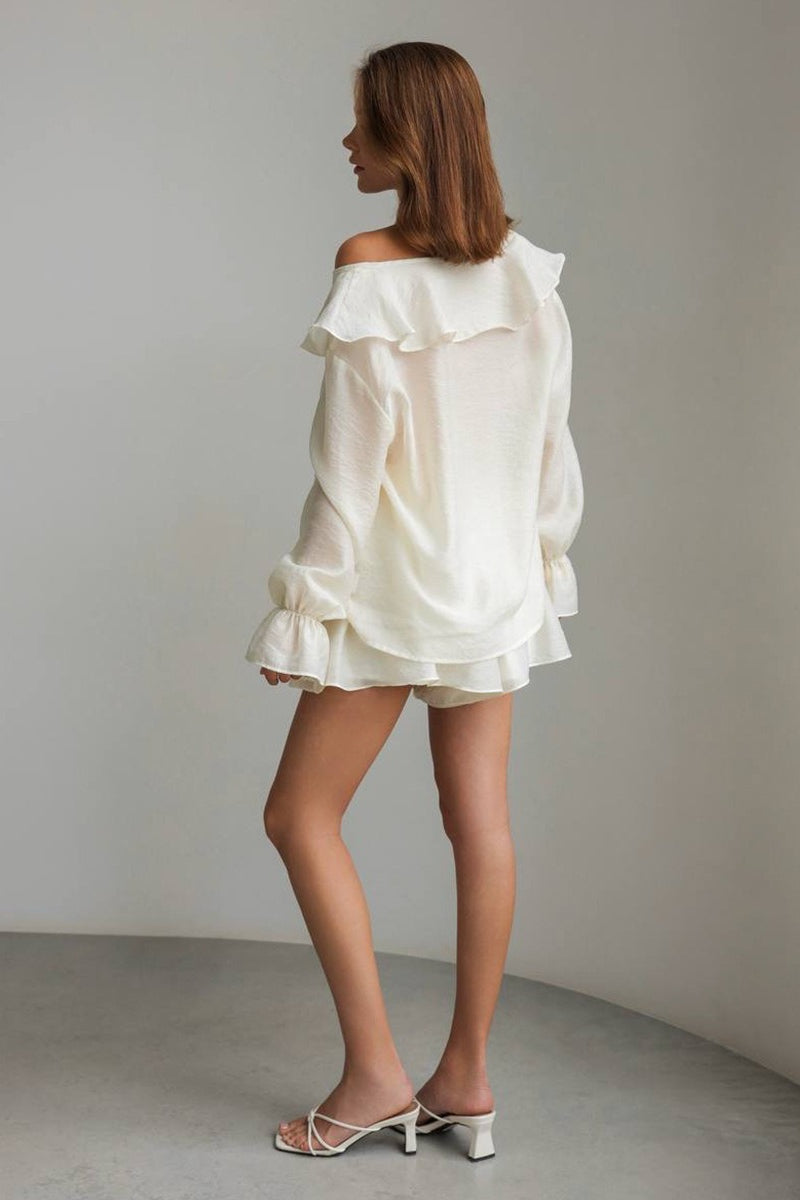 V Neck Ruffle Tie Front Blouse Shorts Set