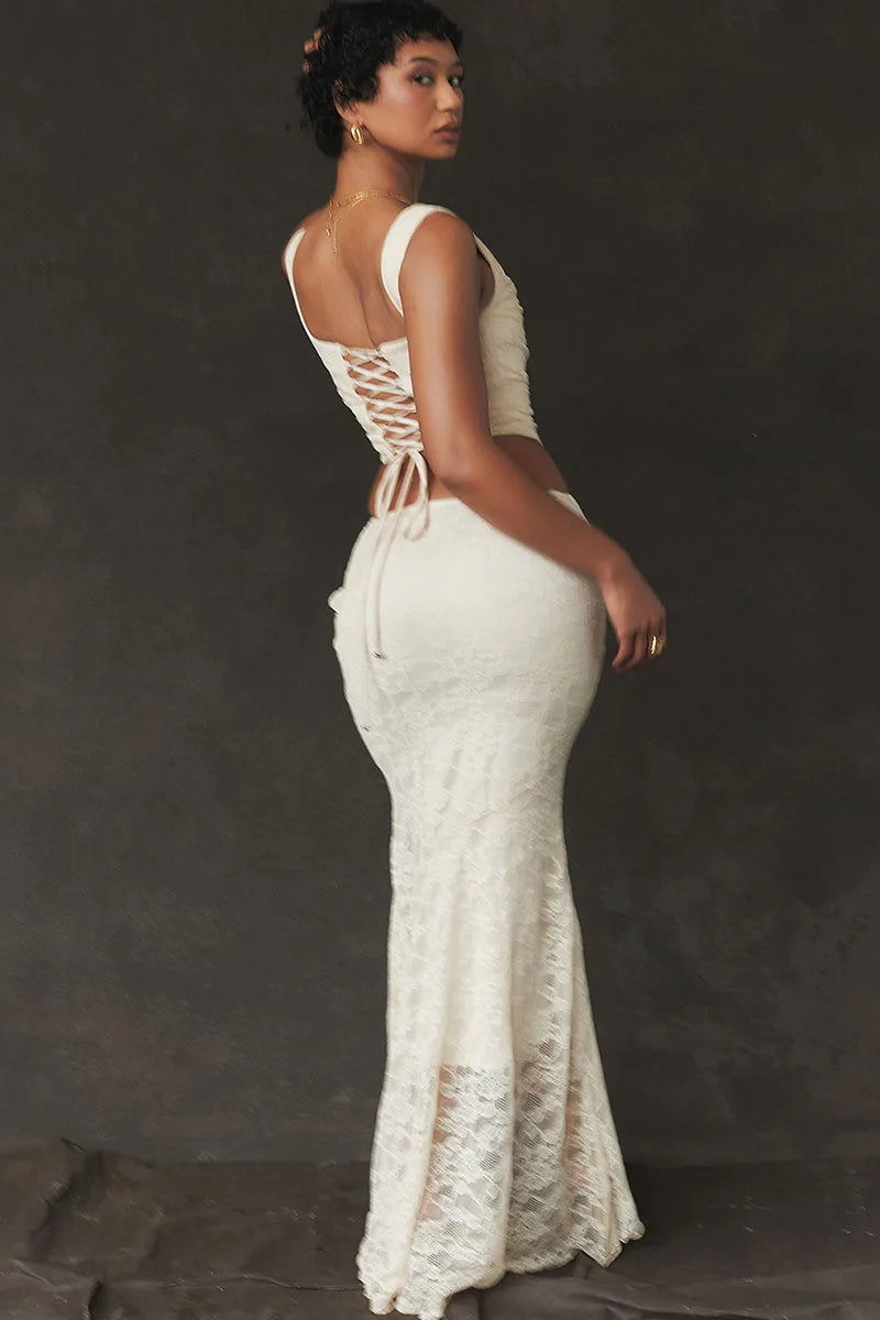Elegant Lace-Up Crop Top & Maxi Skirt Boho Dress