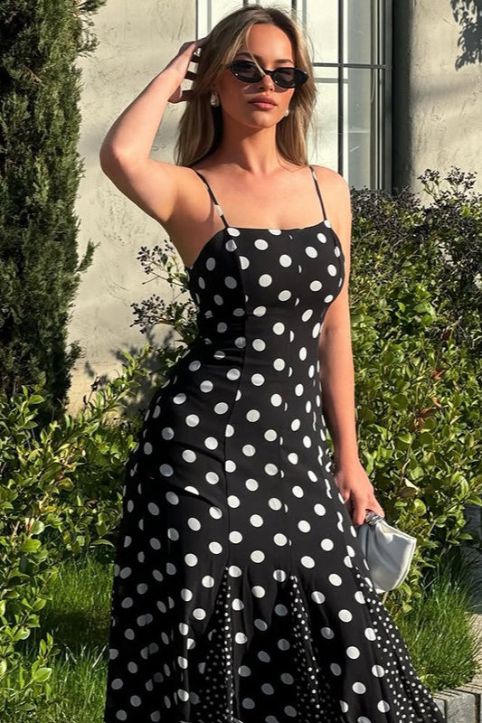 Black Polka Dot Contrast Patchwork Fitted Maxi Dress