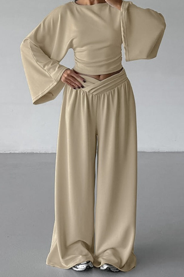 Casual Cinched Waist Flared Sleeve Top Palazzo Pants Set