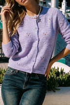 Purple Openwork Crew Neck Cardigans