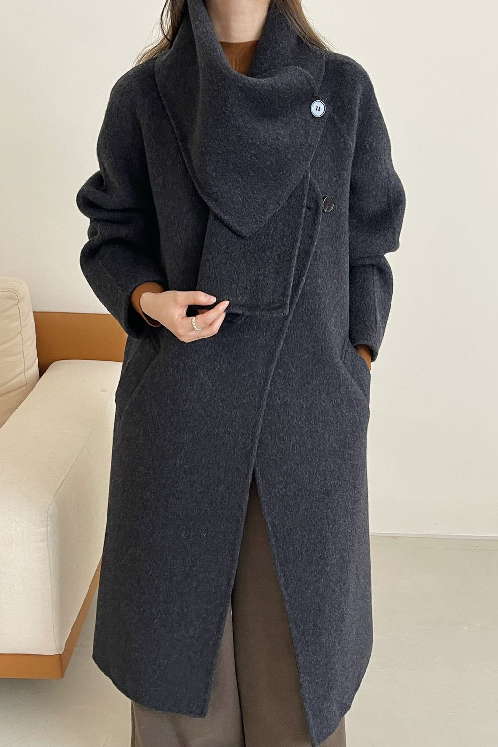 Wool Reversible Midi Scarf Style Overcoat
