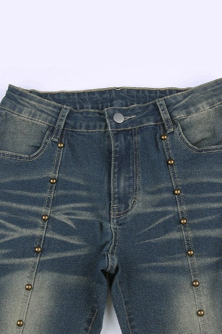 Front Rivet Slim Flare Leg Long Jeans