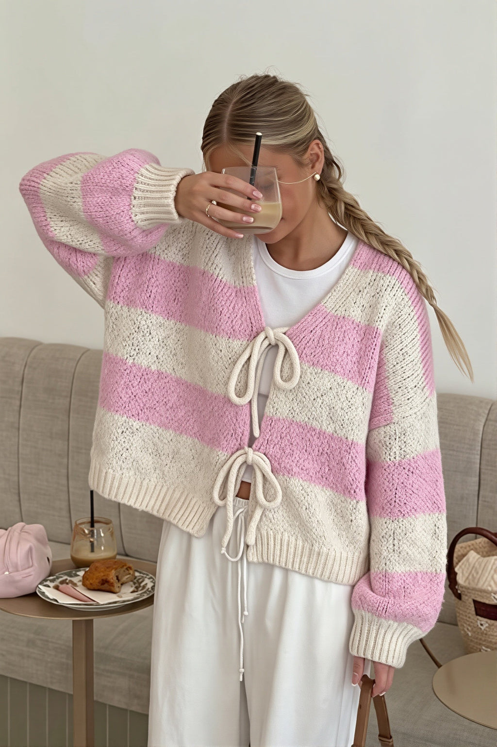 Wide Stripe Tie Balloon Sleeve Cardigan