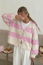 Wide Stripe Tie Balloon Sleeve Cardigan