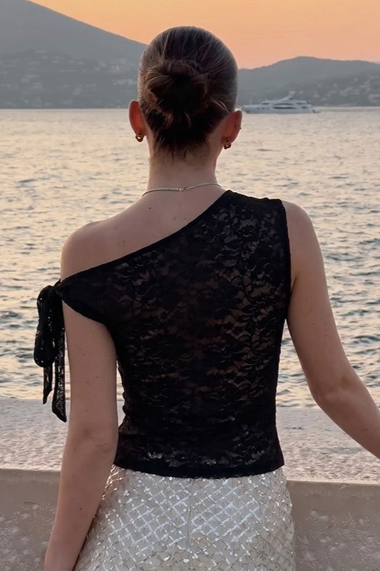 Lace Mesh Sheer Tie Asymmetric Crop Top