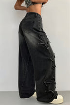 Frayed Star Applique Wide Leg Jeans