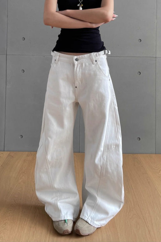 White High Rise Curved Wide Leg Jeans