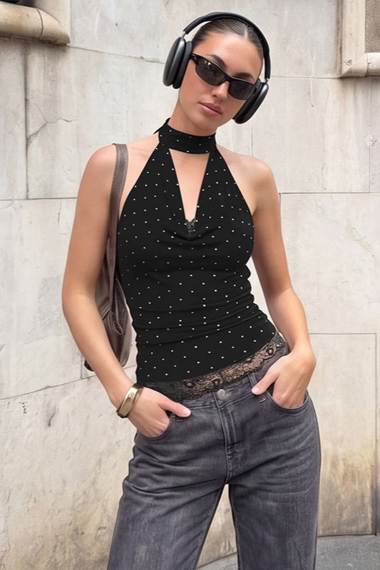 Polka Dot Lace Trim Backless Tie Tube Halter Top