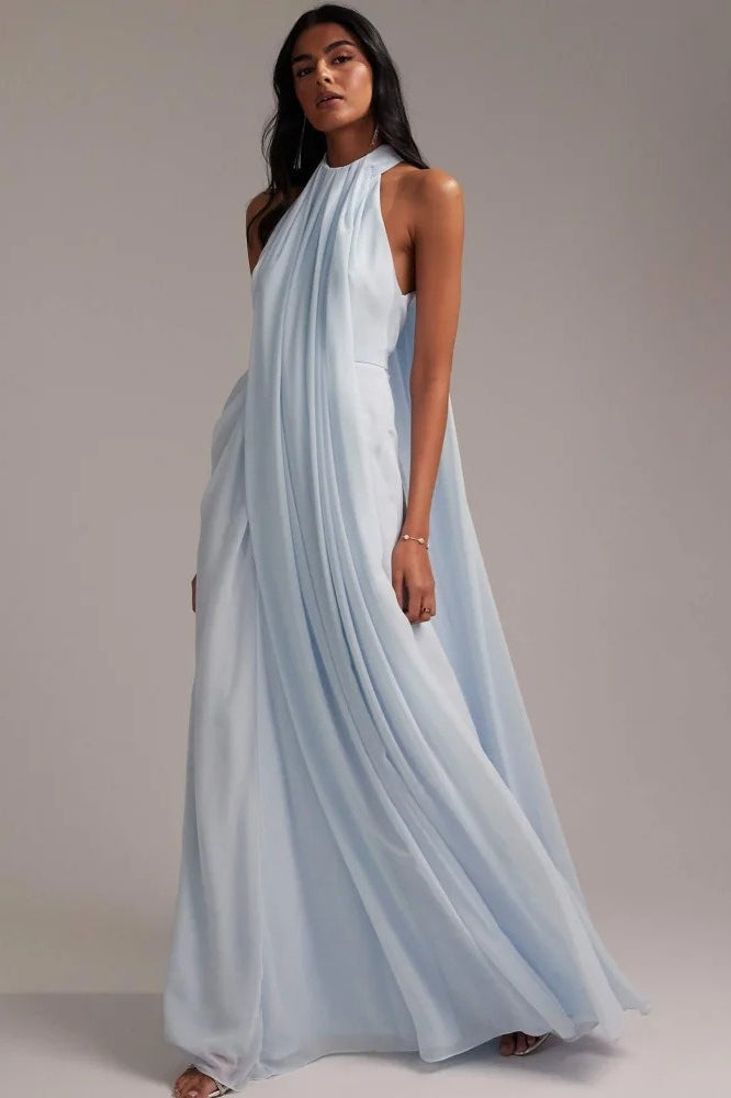 Elegante Halter Azul Claro Vestido Maxi de Fiesta