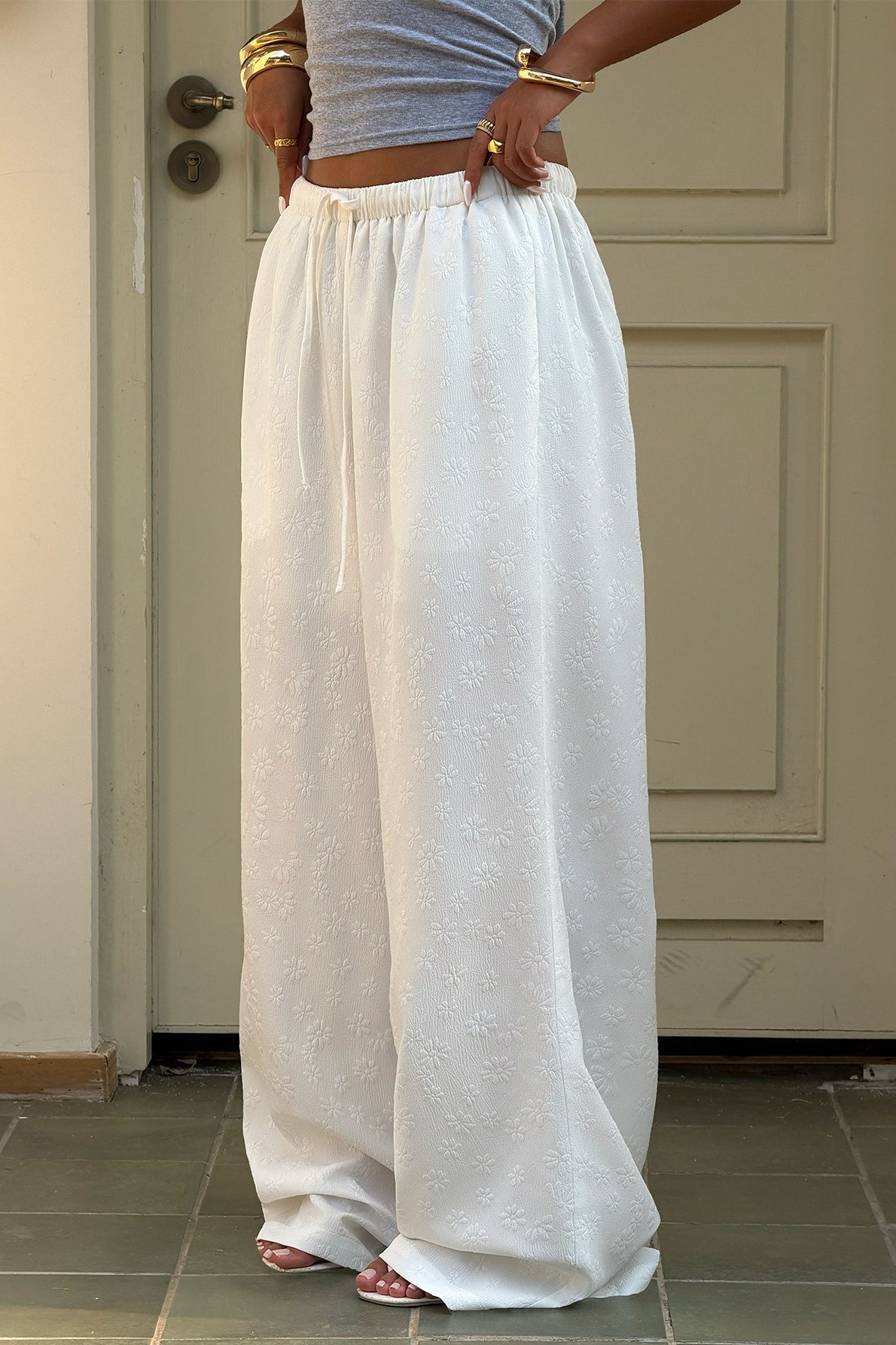 Solid High Waist Drawstring Wide Leg Pants