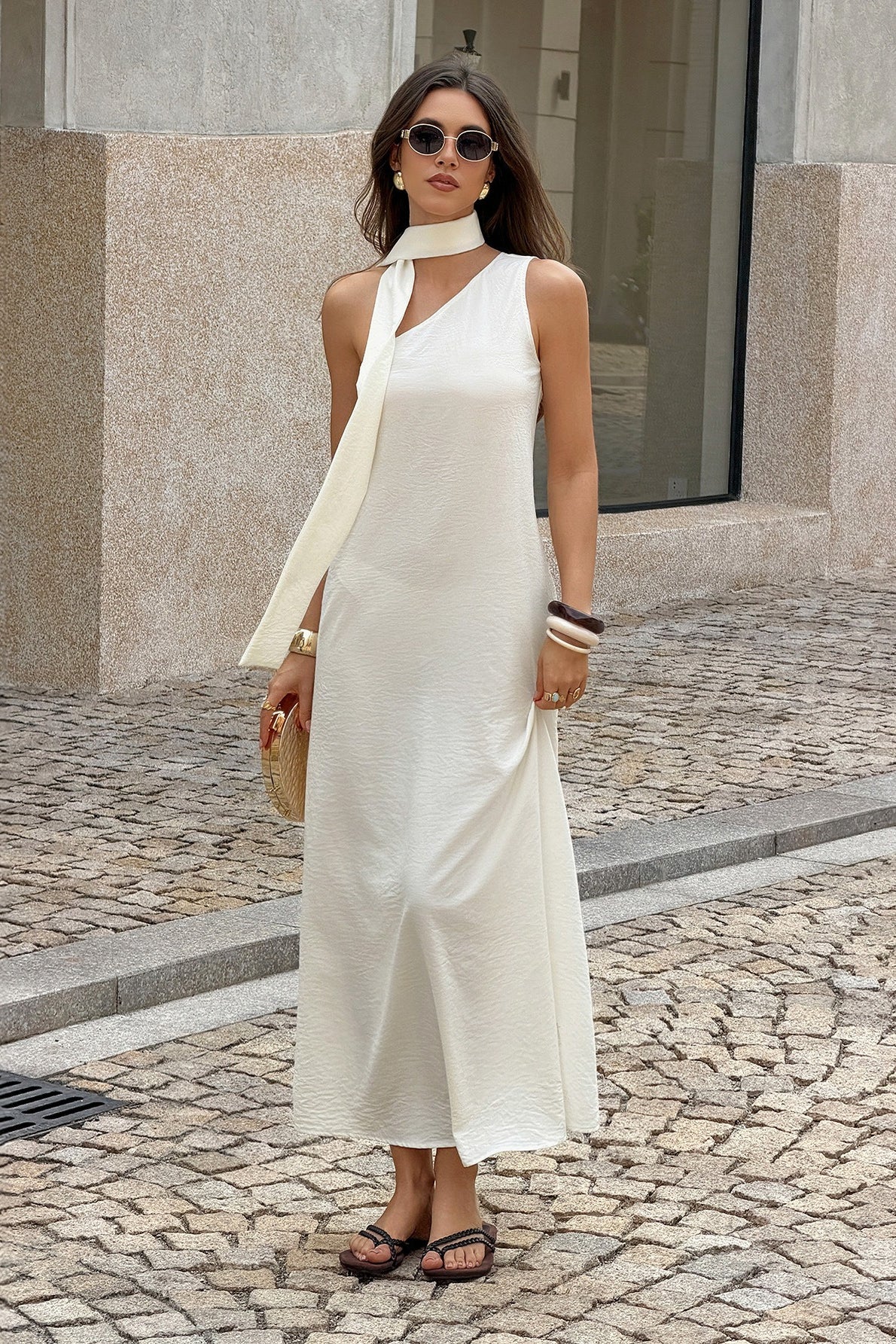 Asymmetrical Shoulder Draped Tie Detail Maxi Dress