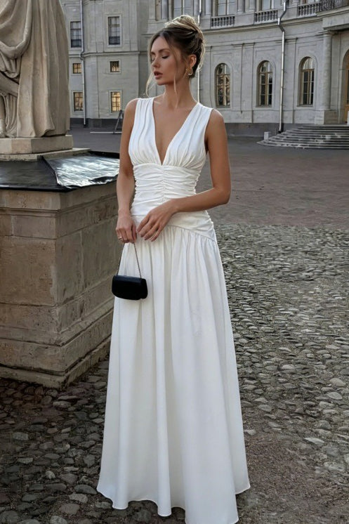 Solid Color Deep V Ruched A Line Maxi Dress
