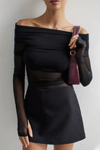 Long-sleeve, fitted, sheer mesh, off-the-shoulder top