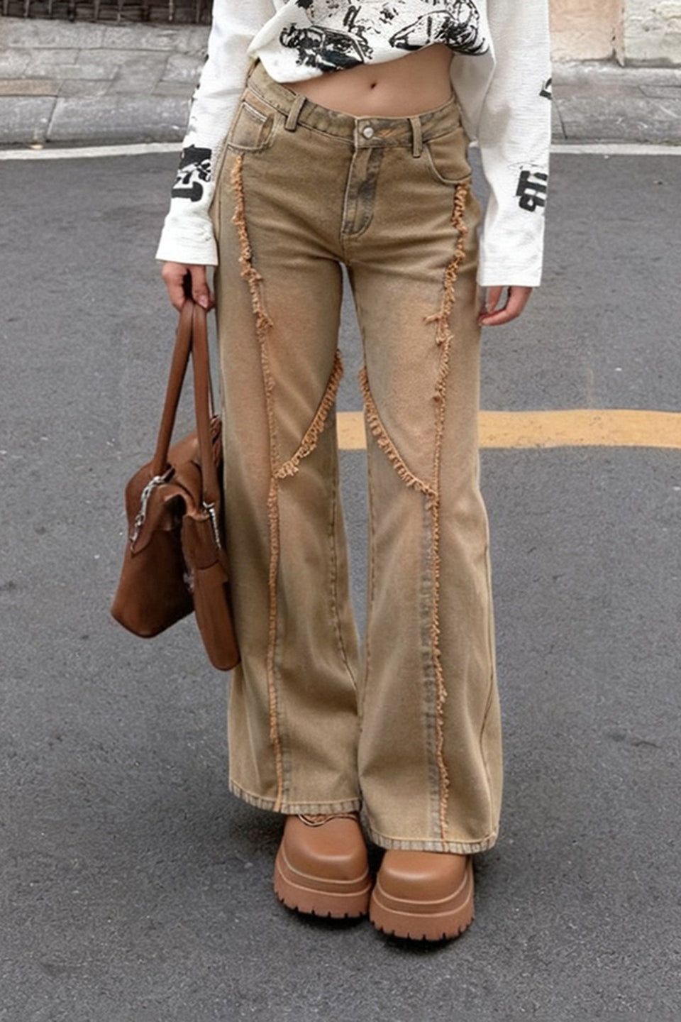 Distressed Frayed Detail Panel Straight Leg Jeans