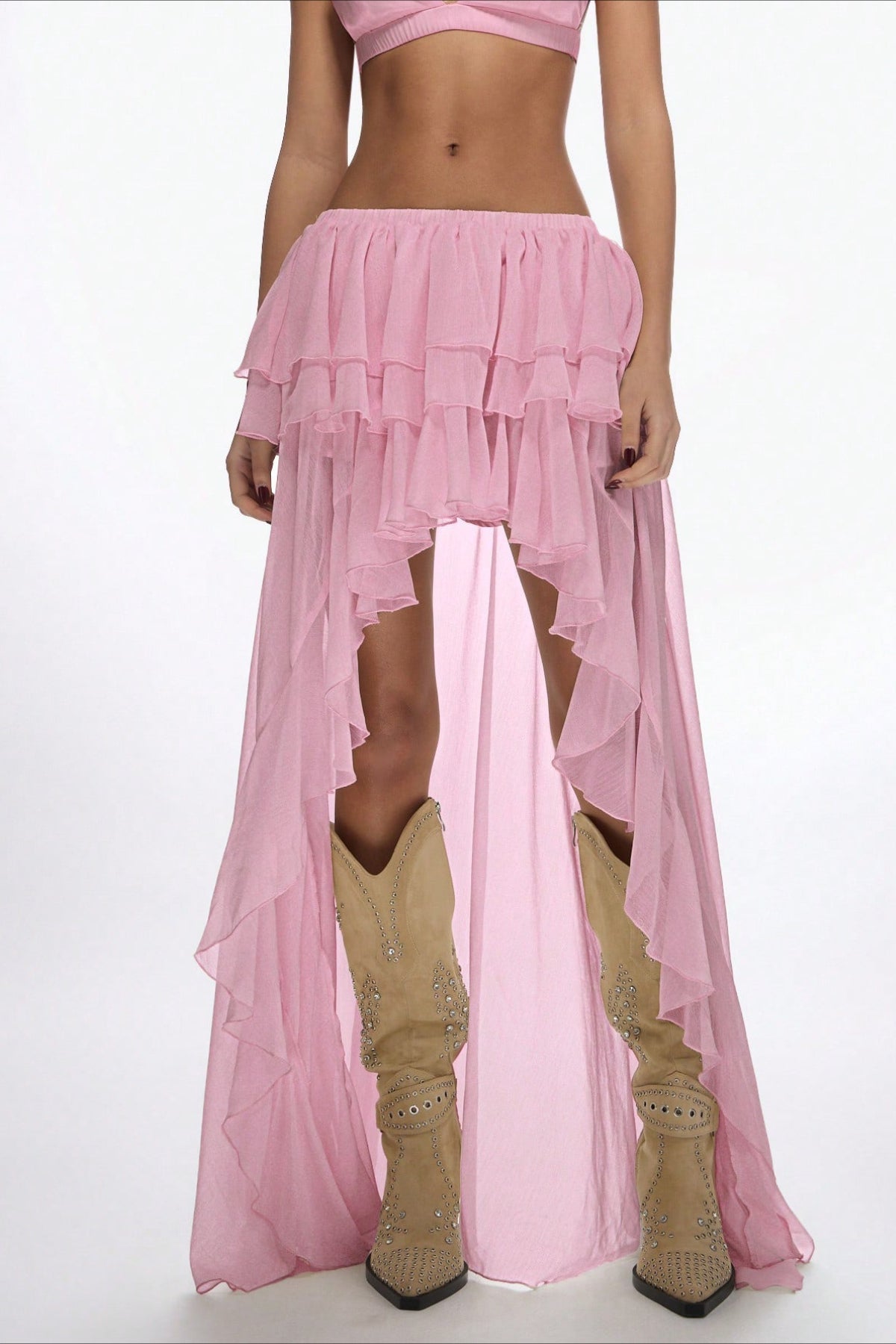 High Waist Asymmetric Tiered Chiffon Skirt