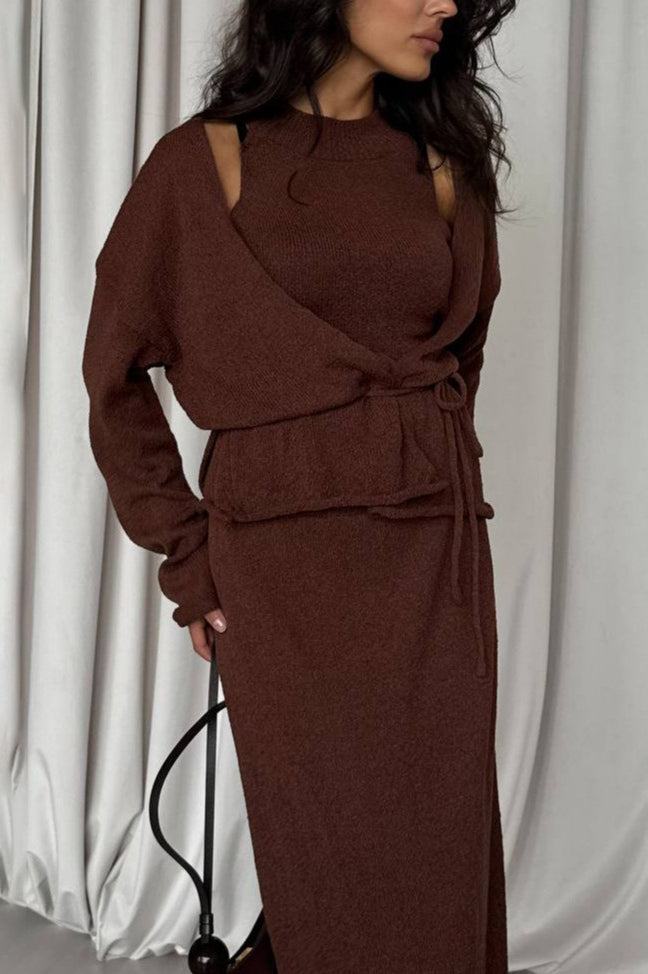 Vestido Suéter de Punto con Conjunto de Nudo Frontal