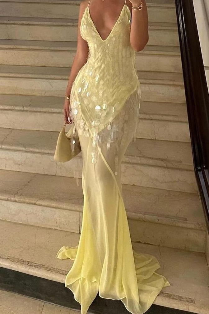 Lentejuelas Sirena Escote en V Vestido Maxi