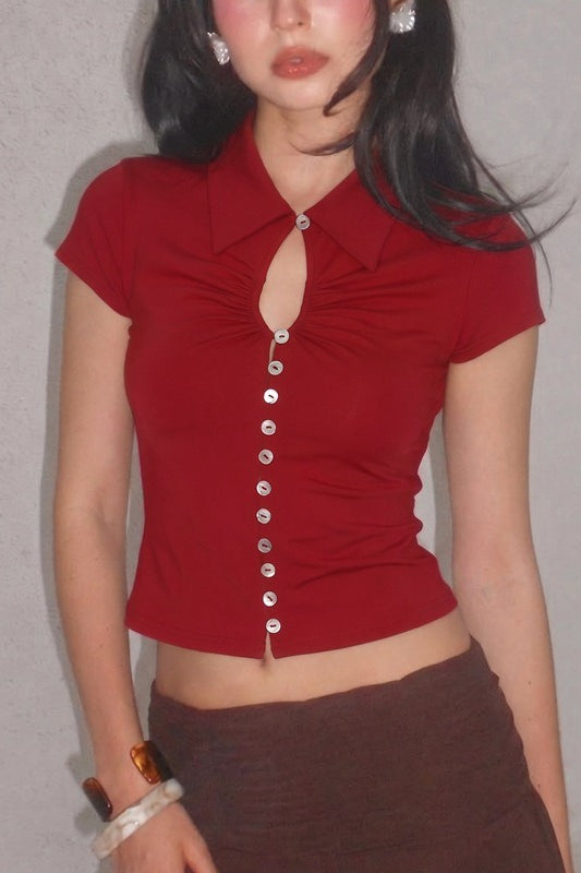 Button Front Lapel Short Sleeve Blouse