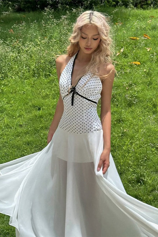 Floral Estampado Lunares Espalda Descubierta Con Lazo Vestido Maxi