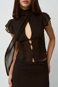 Button Hollow Out Tie Detail Waist Slim Tee