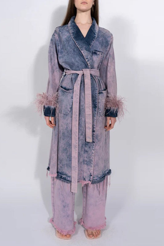 Denim Ostrich Feather Trim Belted Overcoat