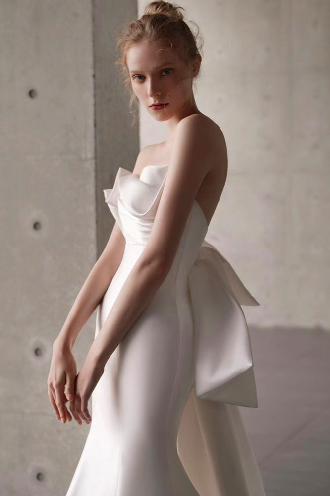 Satin Bandeau Train Bow Wedding Dress