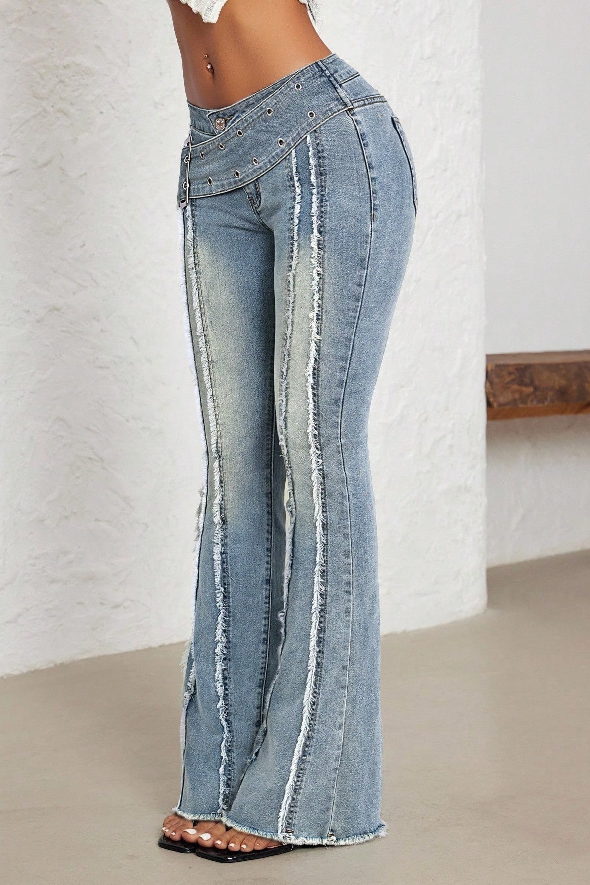 Studded Belt Low Rise Flare Jeans
