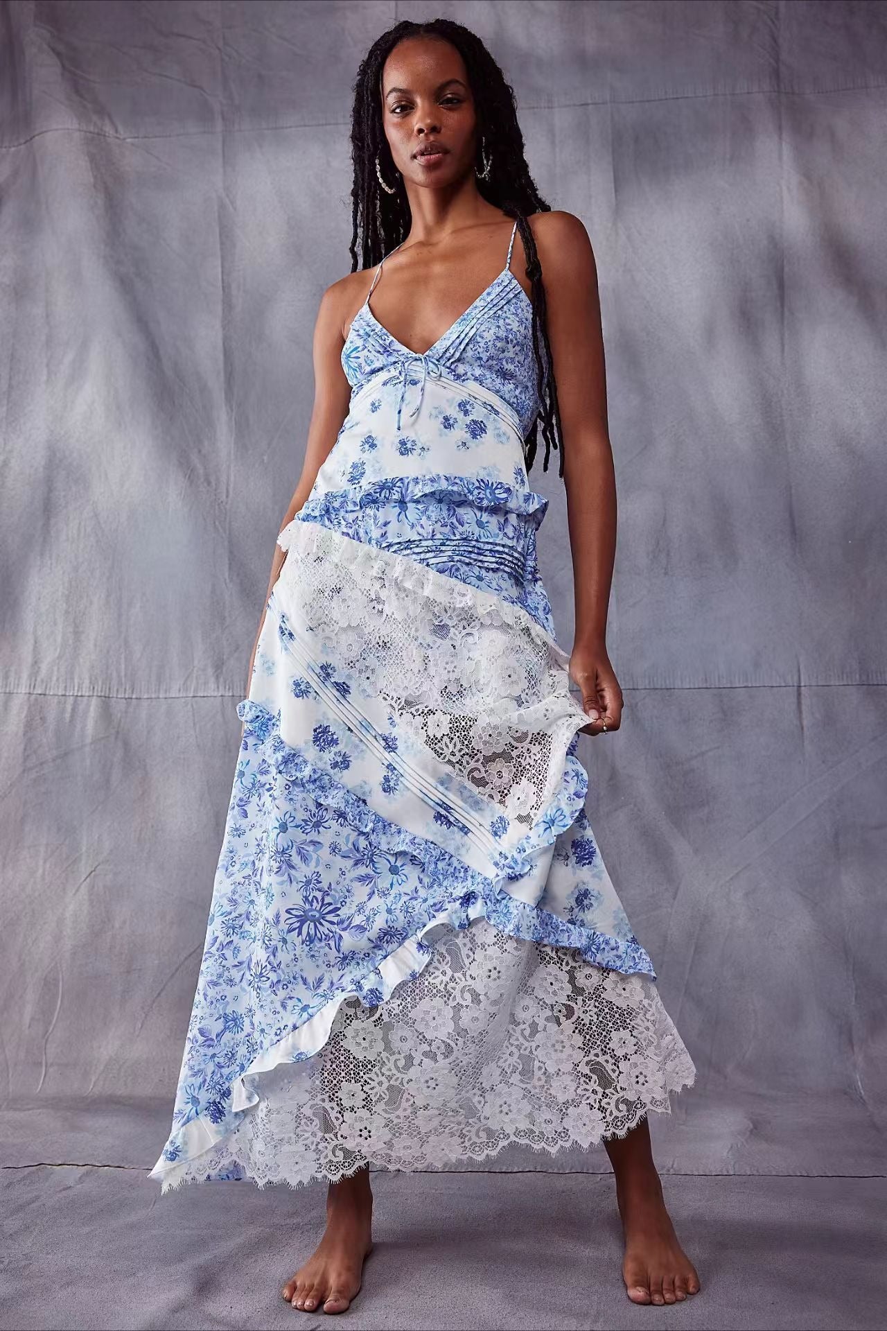 Floral Lace Panel Deep V Spaghetti Strap Maxi Dress