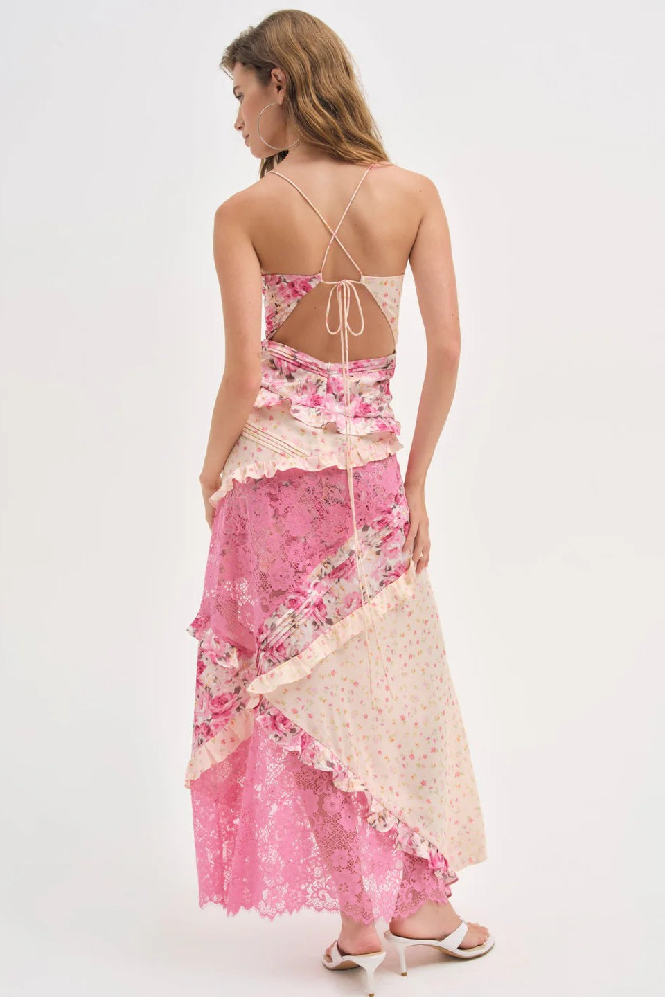 Floral Lace Panel Deep V Spaghetti Strap Maxi Dress