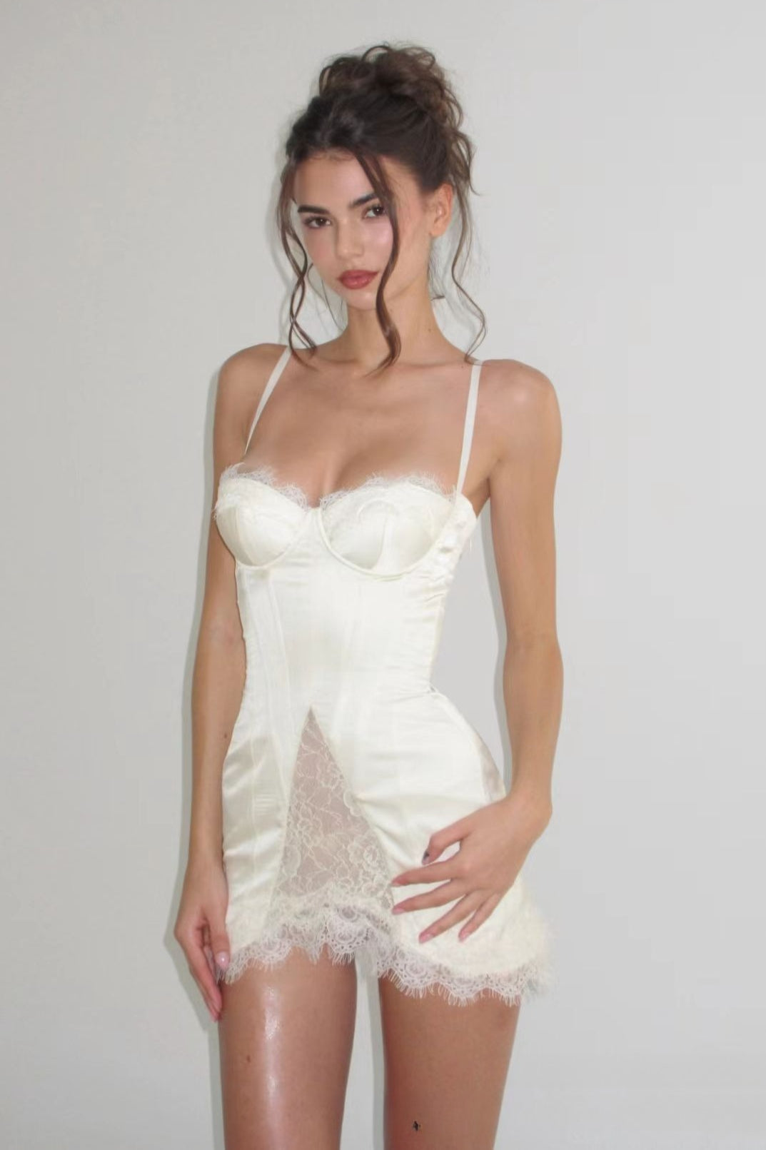 Satin Lace Ruffle Strapless Mini Dress