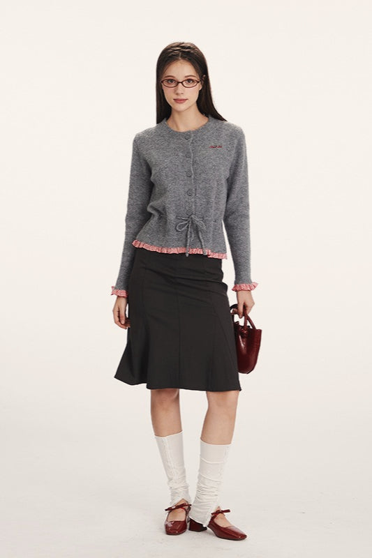 Panel-Design Waist-Cinched Slim Knit Cardigan
