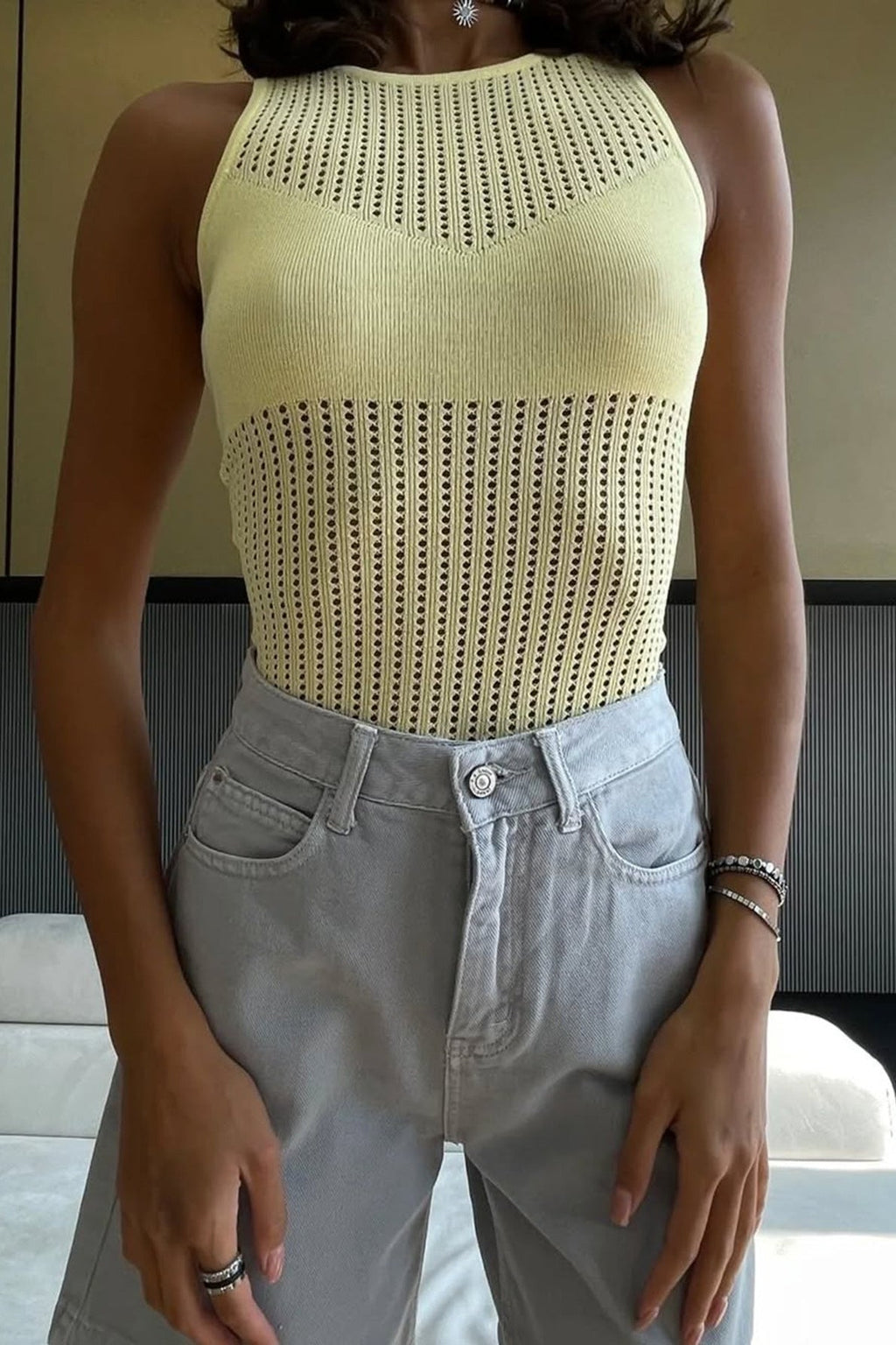 Yellow Hollow Out Knit Crop Tank Top