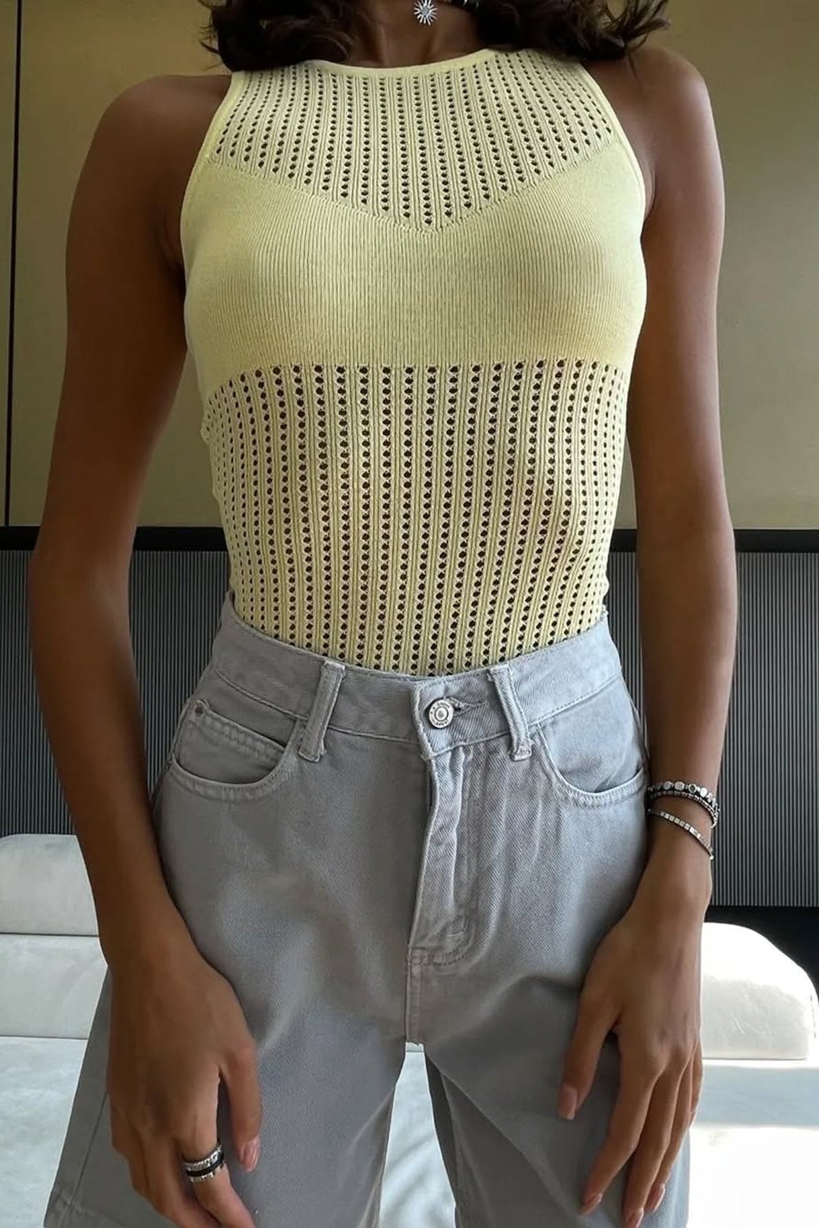 Yellow Hollow Out Knit Crop Tank Top