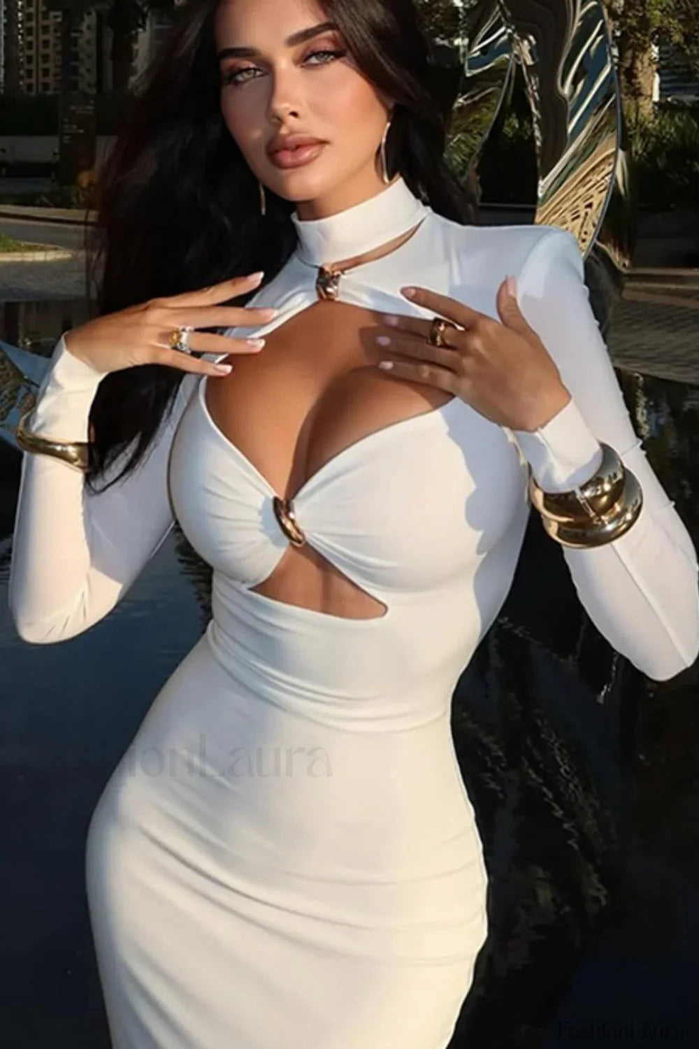 Con Recorte Liso Ajustado Vestido Maxi