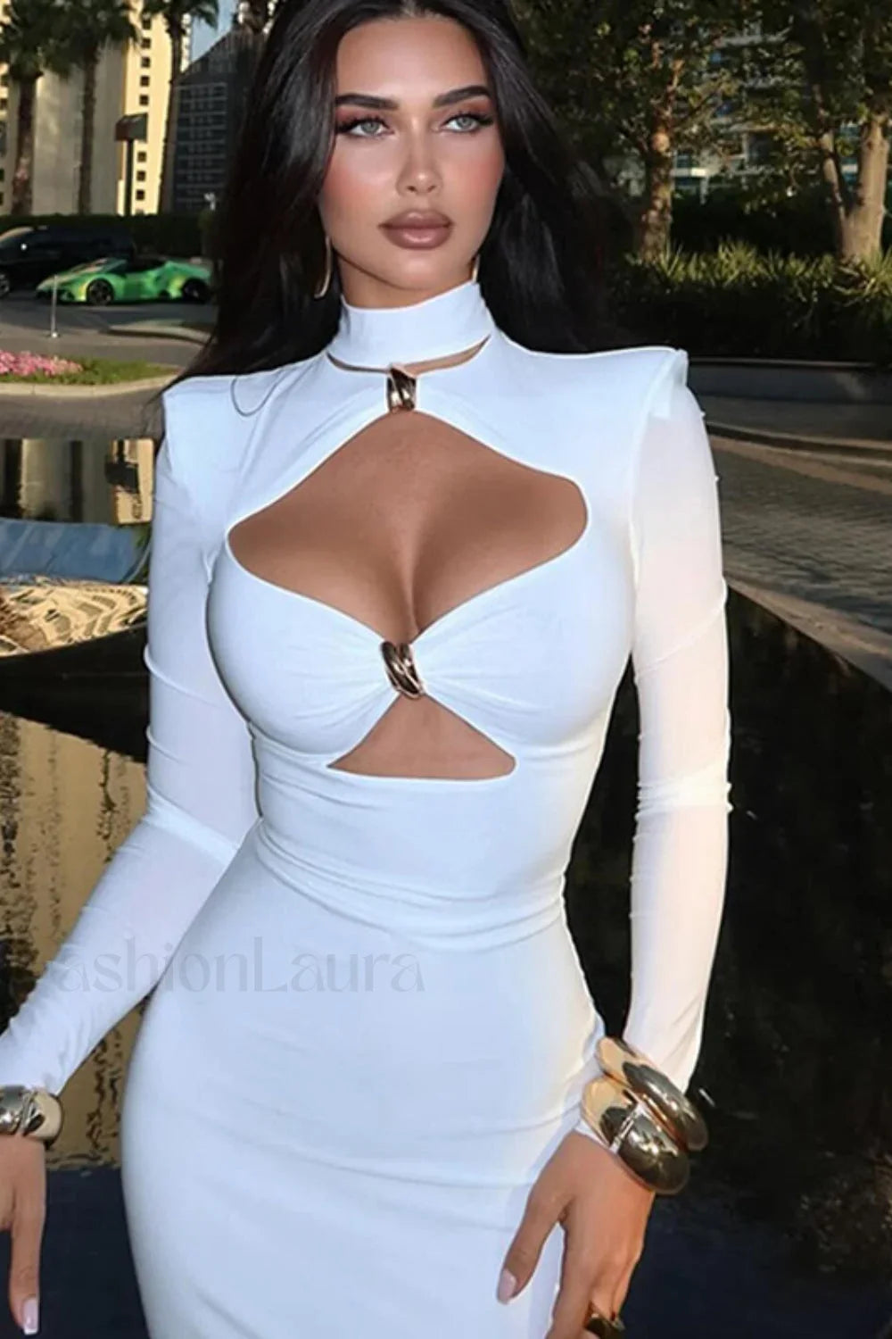 Con Recorte Liso Ajustado Vestido Maxi
