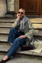 Loose coat with plaid insert
