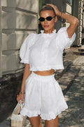 Stand Collar Puff Sleeve Ruffle Shorts Set