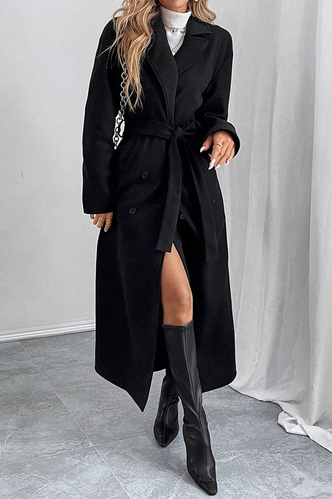 Black Belted Wool Blend Relaxed Overcoat