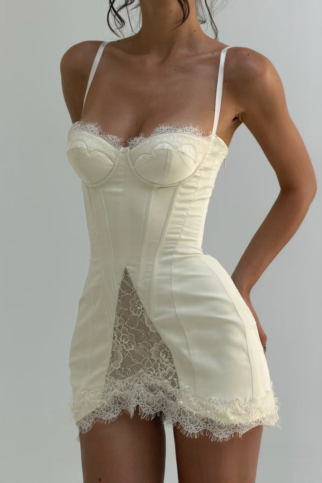 Satin Lace Ruffle Strapless Mini Dress
