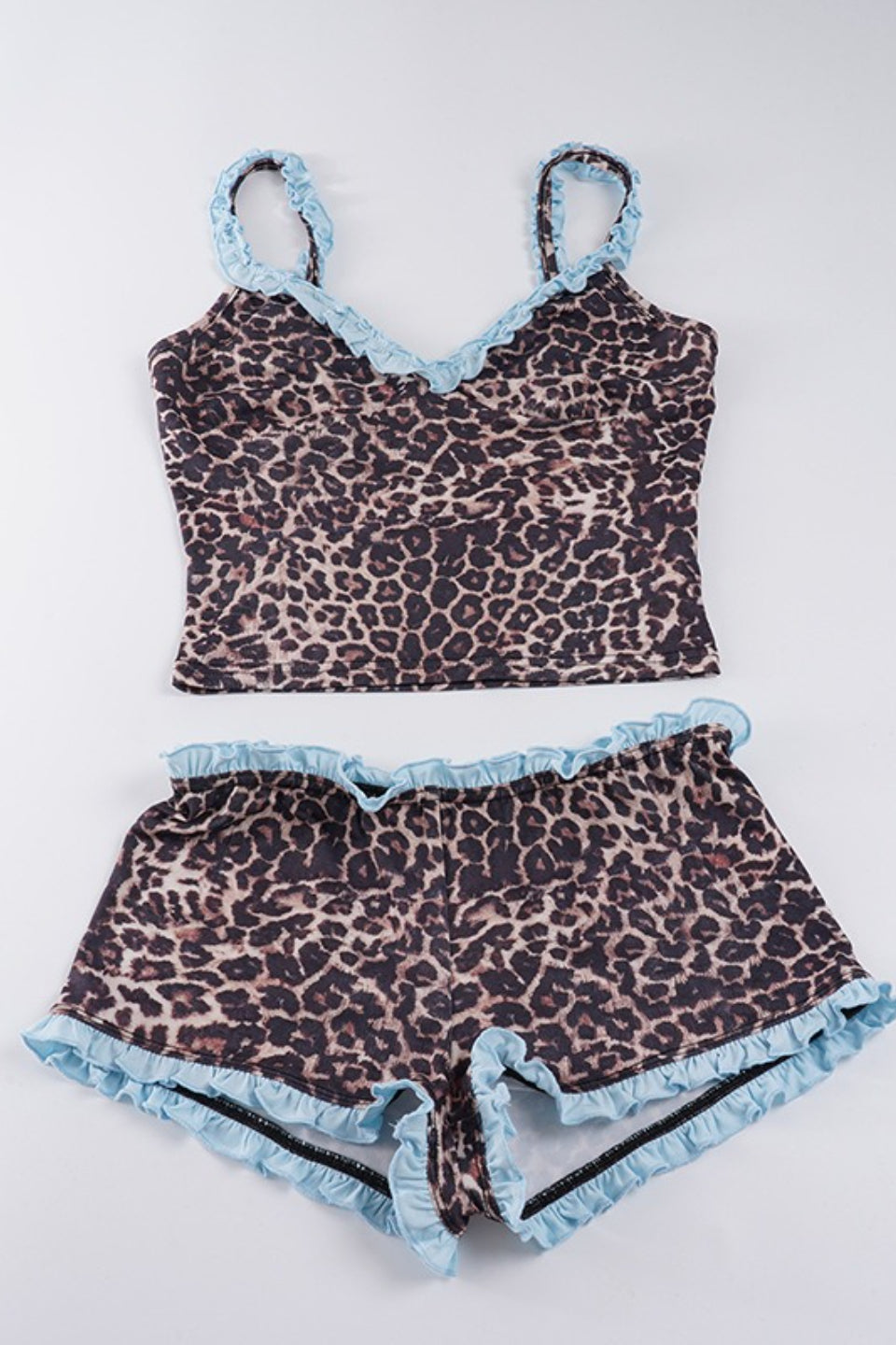 Leopard Print Lace Trim Cami Shorts Set