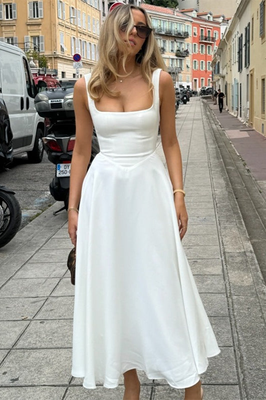 Liso Cuello Cuadrado Sin Mangas Vestido de Cóctel