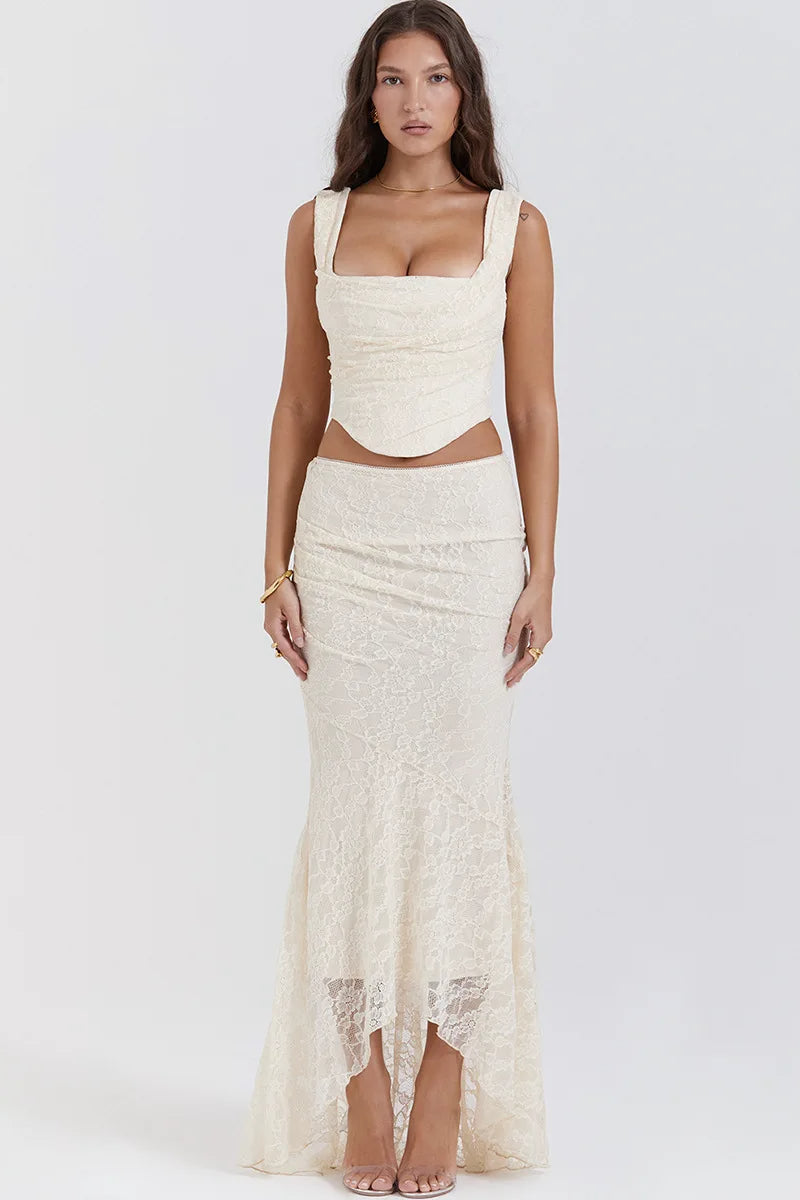 Elegant Lace-Up Crop Top & Maxi Skirt Boho Dress